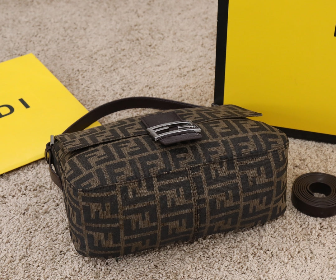 Fendi Baguette Brown Fabric Shoulder Bag with FF Motif