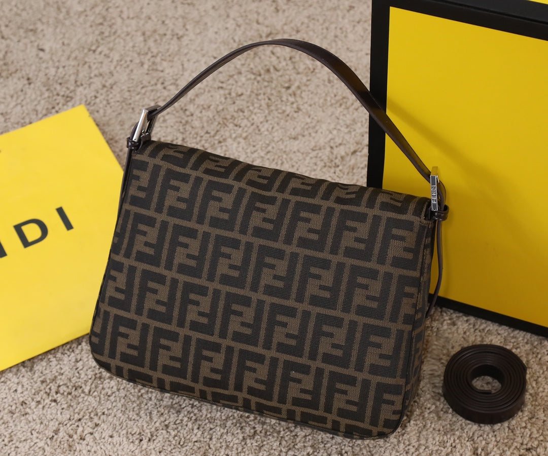 Fendi Baguette Brown Fabric Shoulder Bag with FF Motif