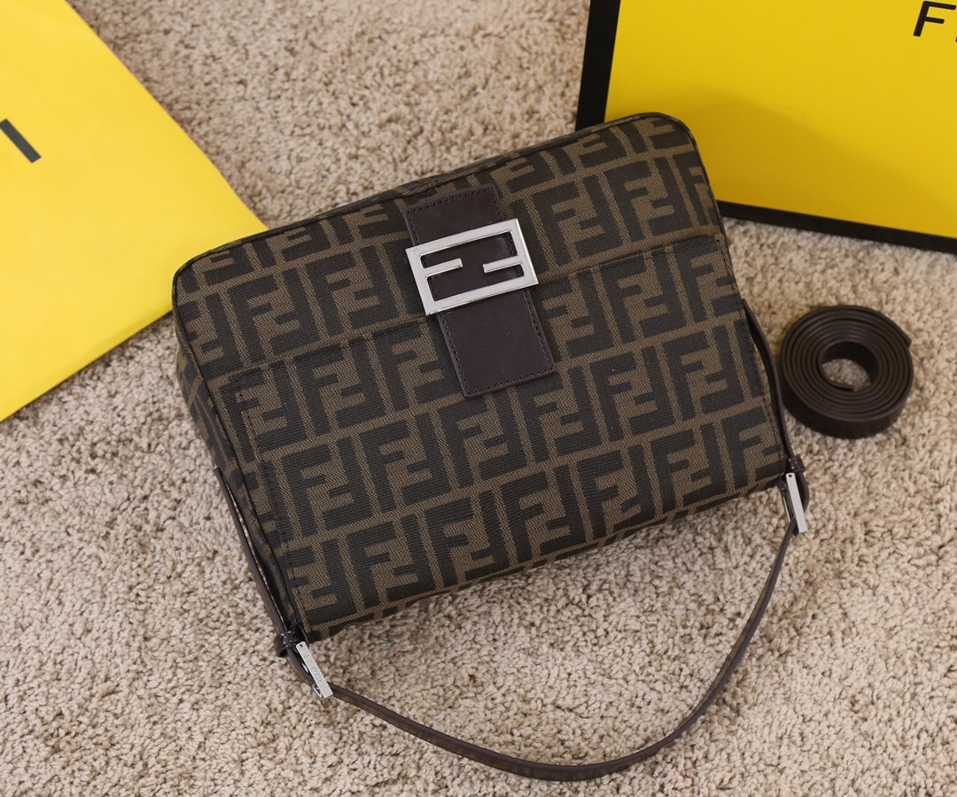 Fendi Baguette Brown Fabric Shoulder Bag with FF Motif
