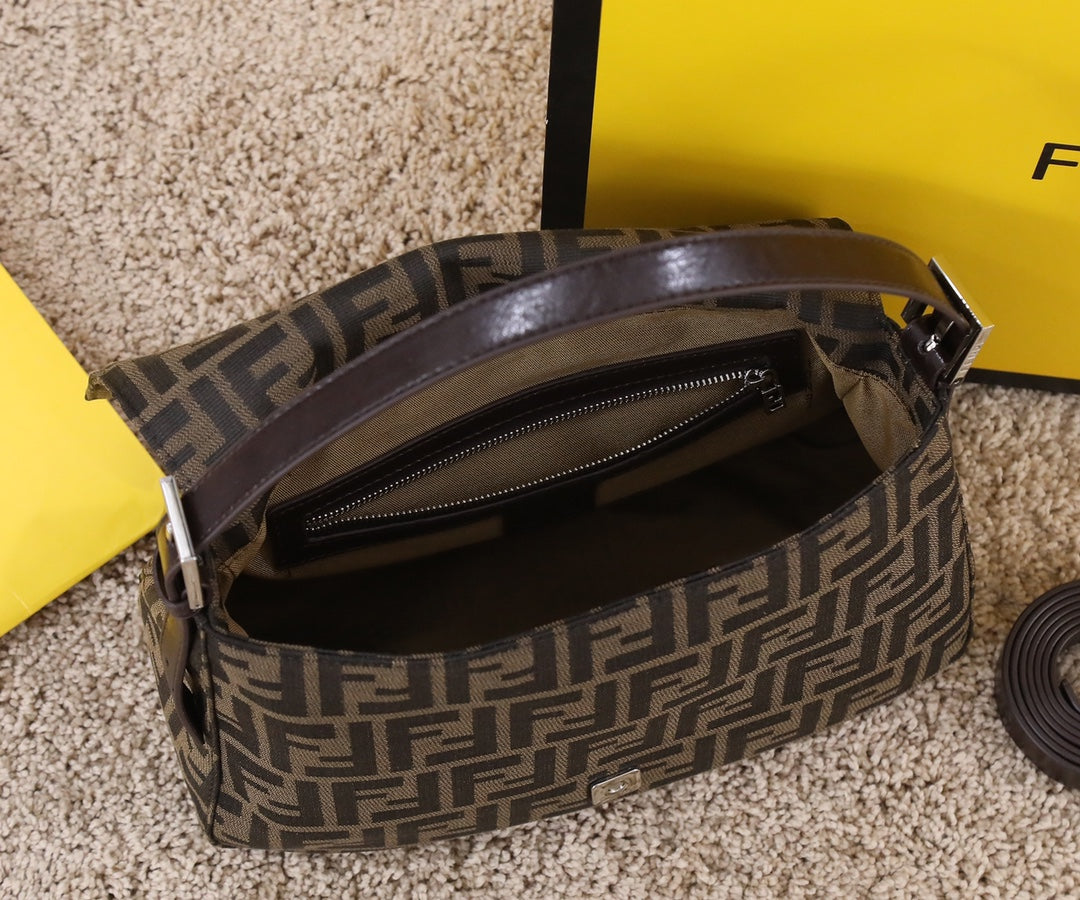 Fendi Baguette Brown Fabric Shoulder Bag with FF Motif