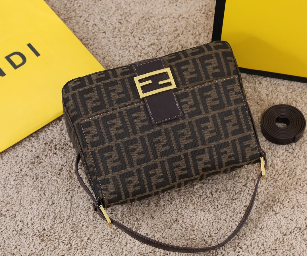 Fendi Vintage Zucca Canvas Baguette Shoulder Bag - Brown &amp; Black