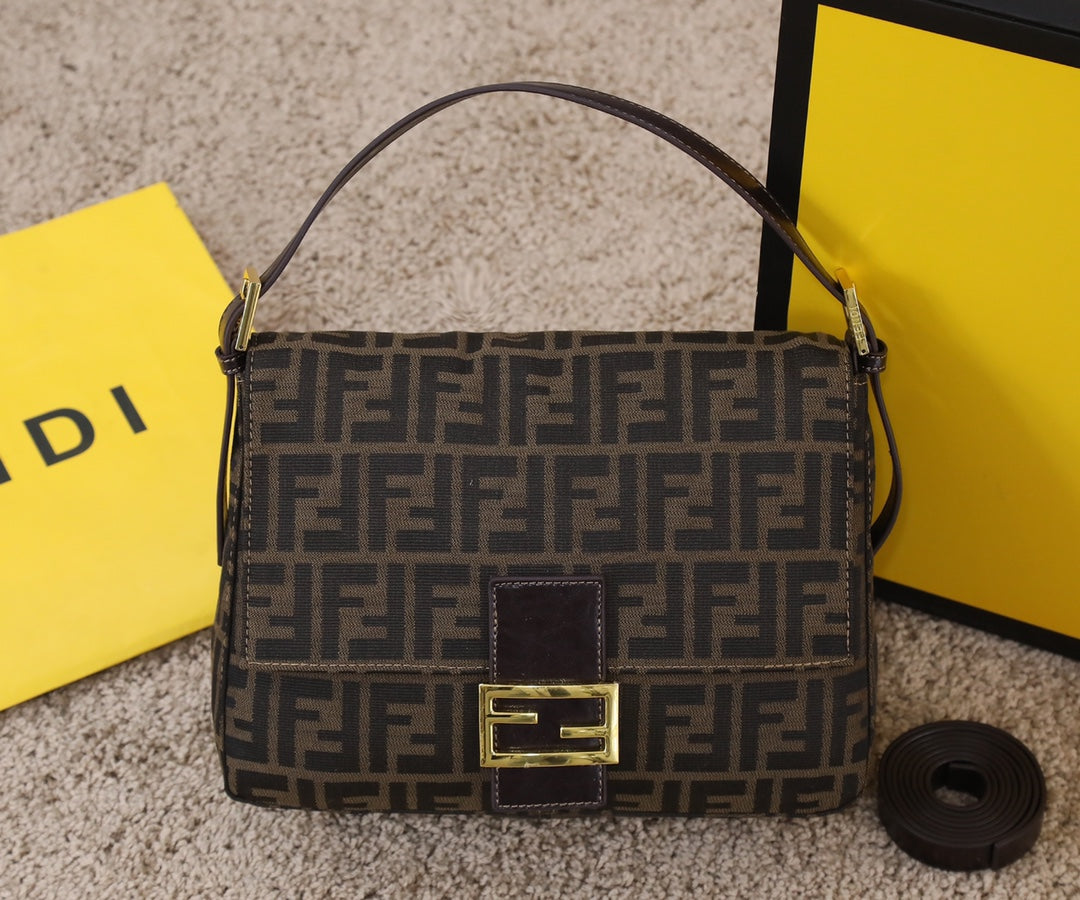 Fendi Vintage Zucca Canvas Baguette Shoulder Bag - Brown &amp; Black