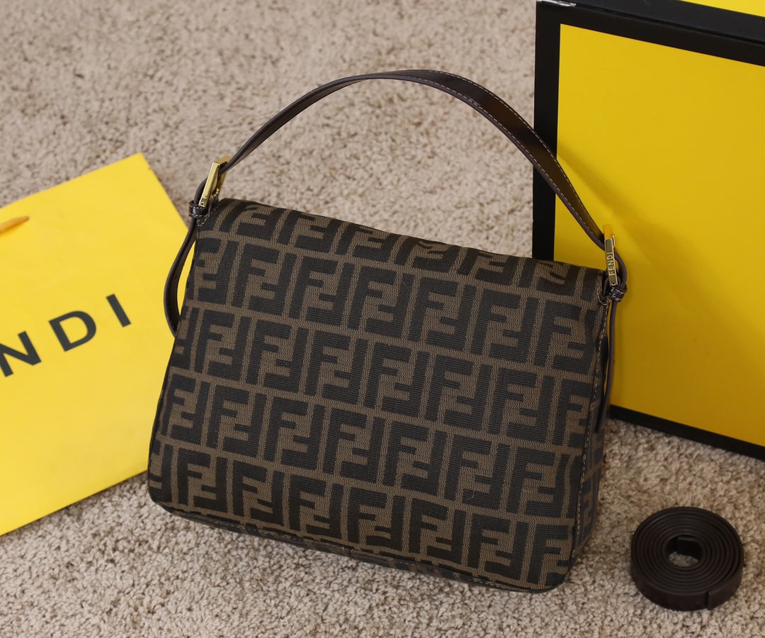 Fendi Vintage Zucca Canvas Baguette Shoulder Bag - Brown &amp; Black