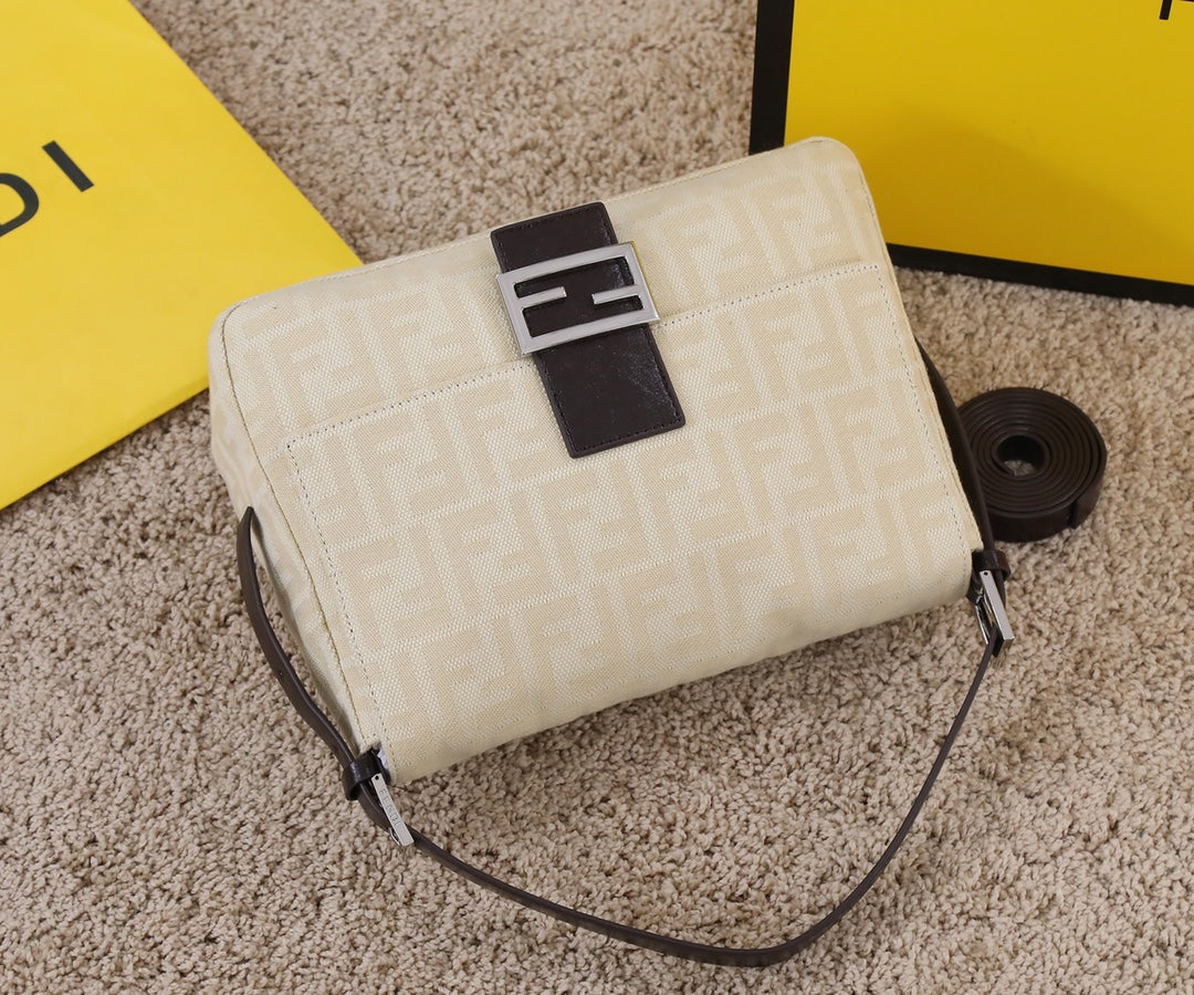 Fendi Baguette FF Monogram Fabric Shoulder Bag - Beige/Cream