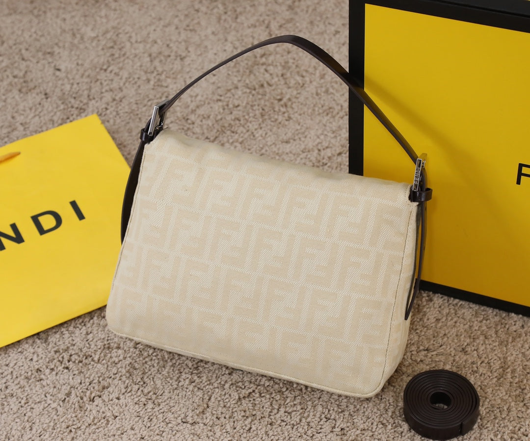 Fendi Baguette FF Monogram Fabric Shoulder Bag - Beige/Cream