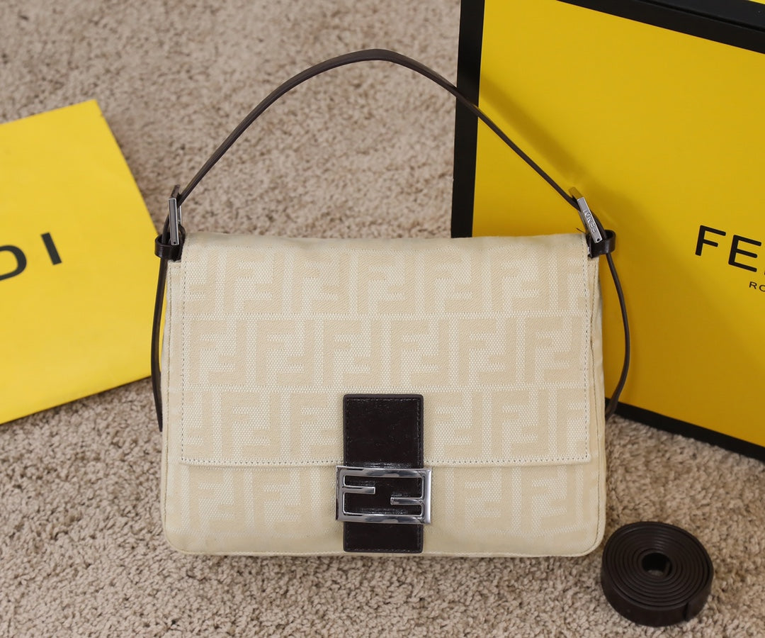 Fendi Baguette FF Monogram Fabric Shoulder Bag - Beige/Cream