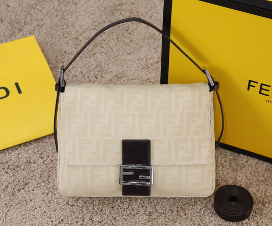 Fendi Baguette FF Monogram Fabric Shoulder Bag - Beige/Cream