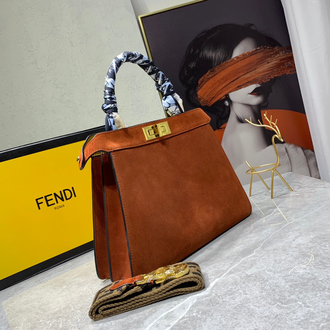 Fendi Peekaboo Brown Suede Medium Handbag with Silk Scarf Handle