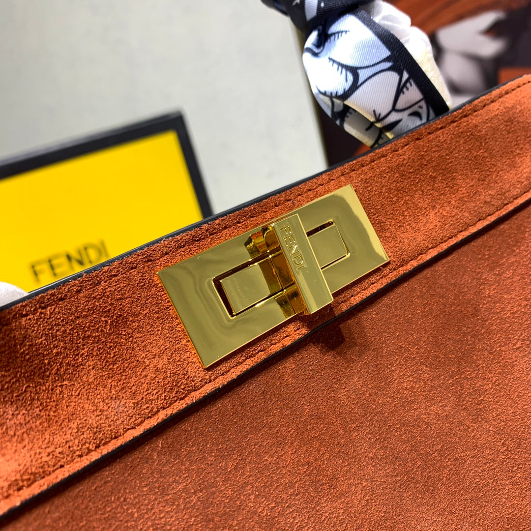 Fendi Peekaboo Brown Suede Medium Handbag with Silk Scarf Handle