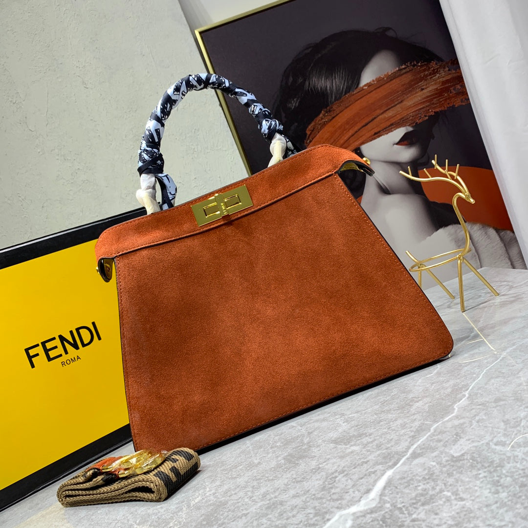 Fendi Peekaboo Brown Suede Medium Handbag with Silk Scarf Handle
