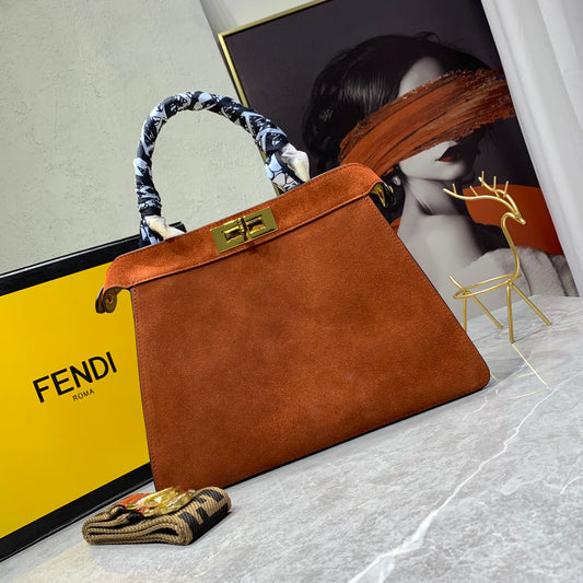 Fendi Peekaboo Brown Suede Medium Handbag with Silk Scarf Handle