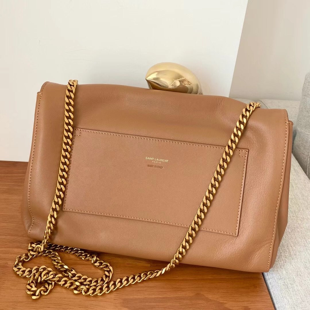 Saint Laurent YSL Tan Leather Shoulder Bag with Gold Chain Strap
