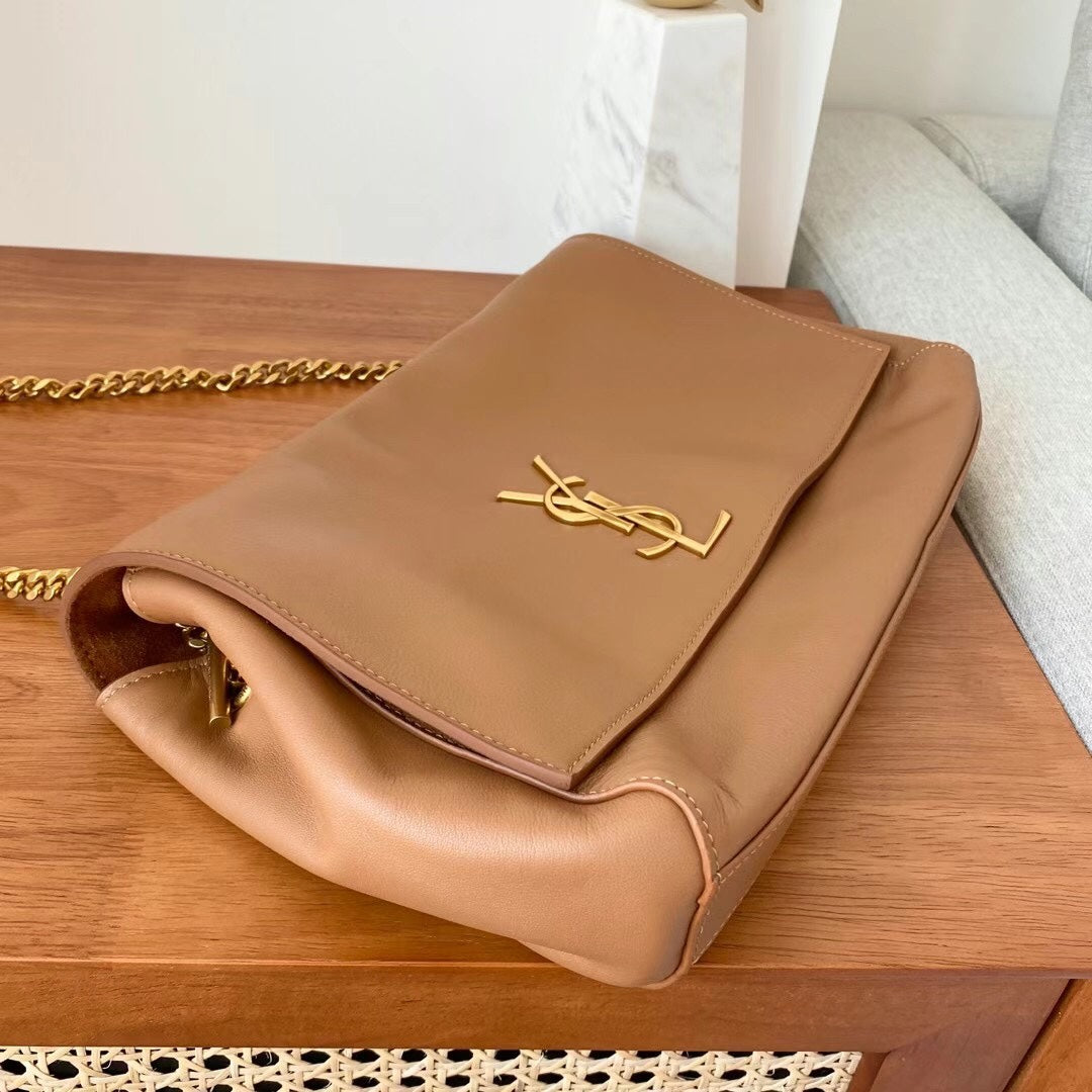 Saint Laurent YSL Tan Leather Shoulder Bag with Gold Chain Strap