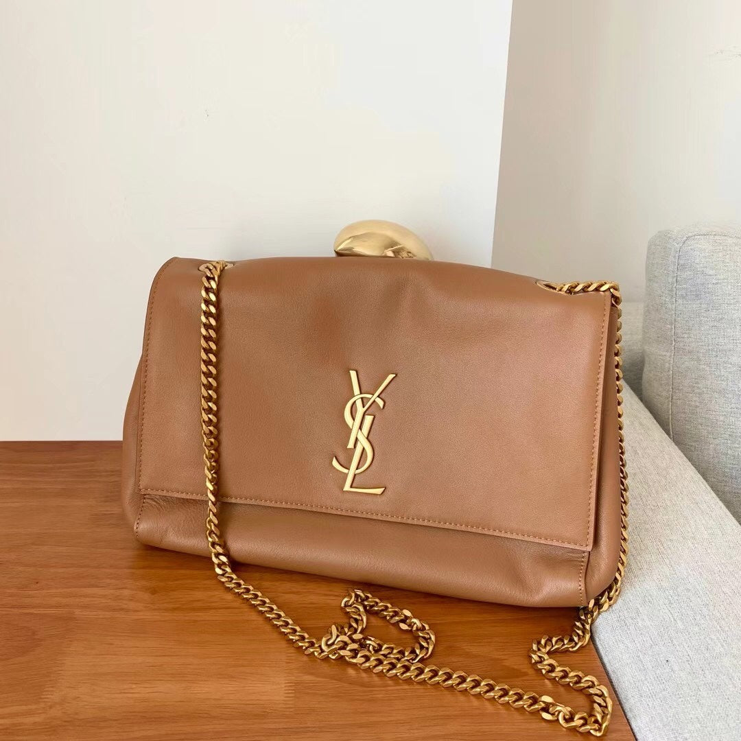 Saint Laurent YSL Tan Leather Shoulder Bag with Gold Chain Strap
