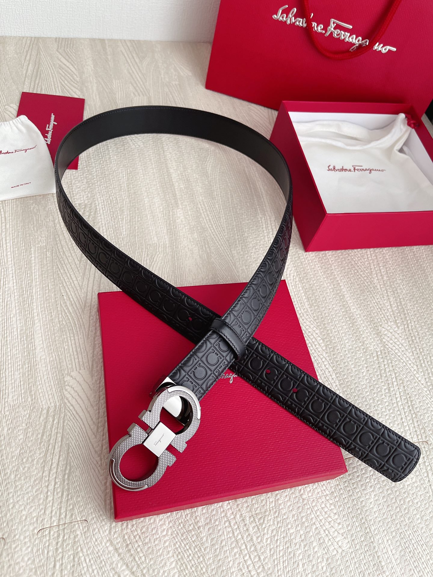 Salvatore Ferragamo Gancini Reversible Leather Belt in Black with Embossed Logo and Silver-Tone Buckle, Includes Gift Packaging