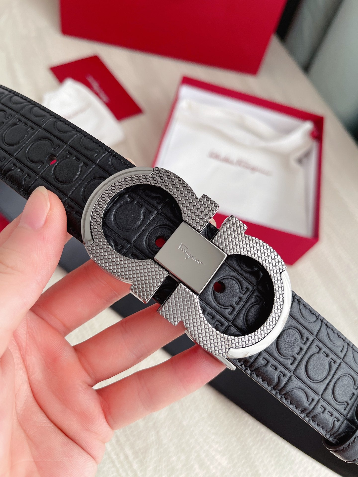 Salvatore Ferragamo Gancini Reversible Leather Belt in Black with Embossed Logo and Silver-Tone Buckle, Includes Gift Packaging