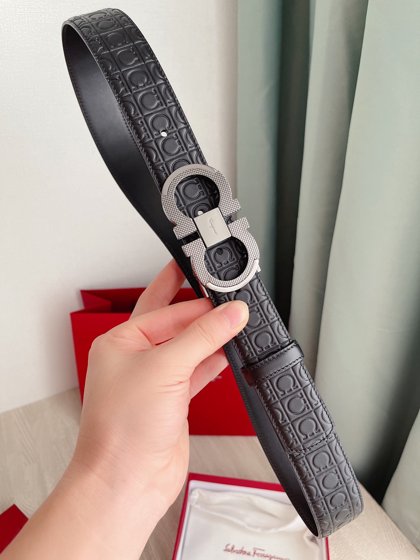 Salvatore Ferragamo Gancini Reversible Leather Belt in Black with Embossed Logo and Silver-Tone Buckle, Includes Gift Packaging