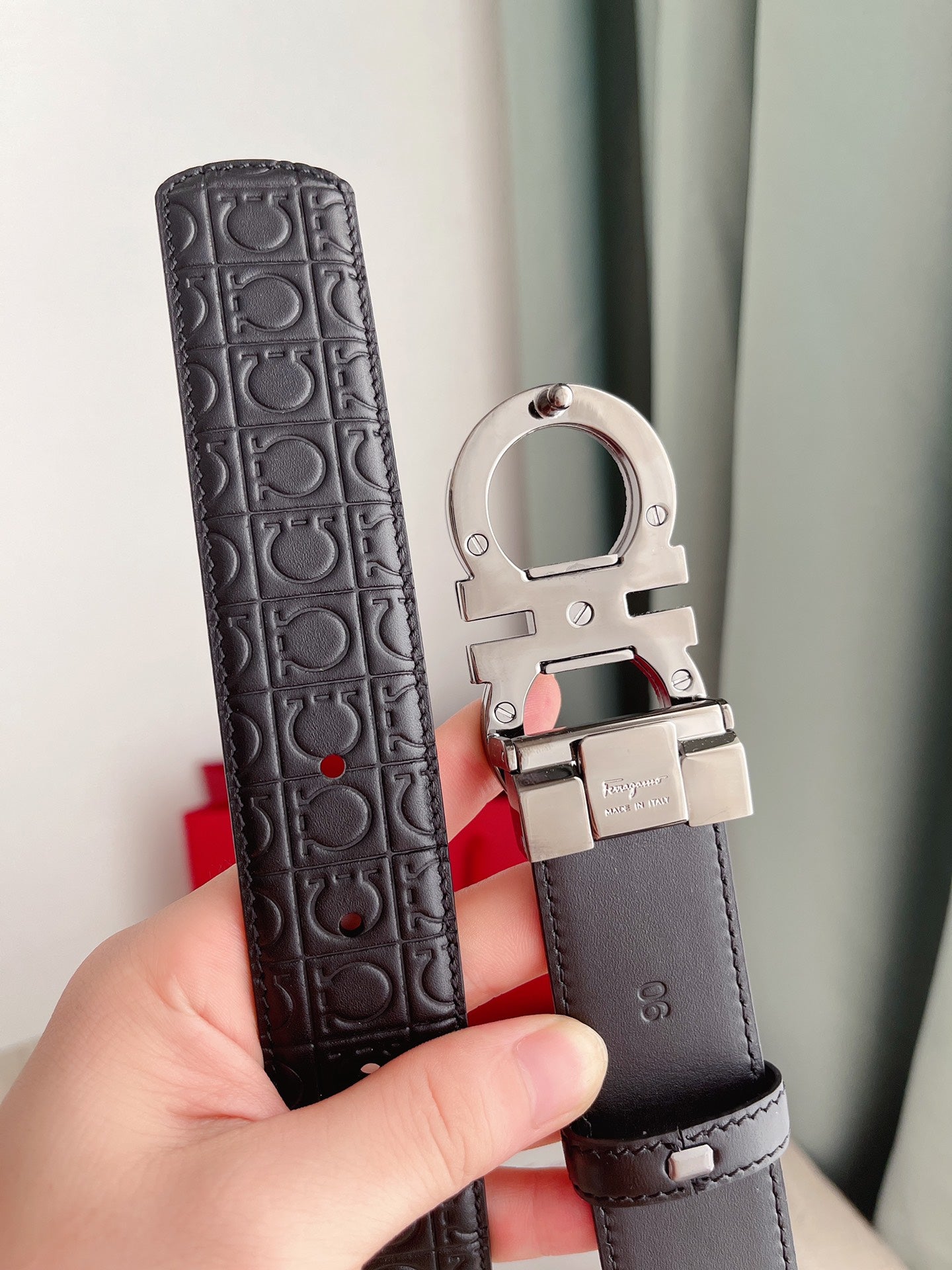 Salvatore Ferragamo Gancini Reversible Leather Belt in Black with Embossed Logo and Silver-Tone Buckle, Includes Gift Packaging