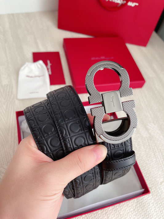 Salvatore Ferragamo Gancini Reversible Leather Belt in Black with Embossed Logo and Silver-Tone Buckle, Includes Gift Packaging