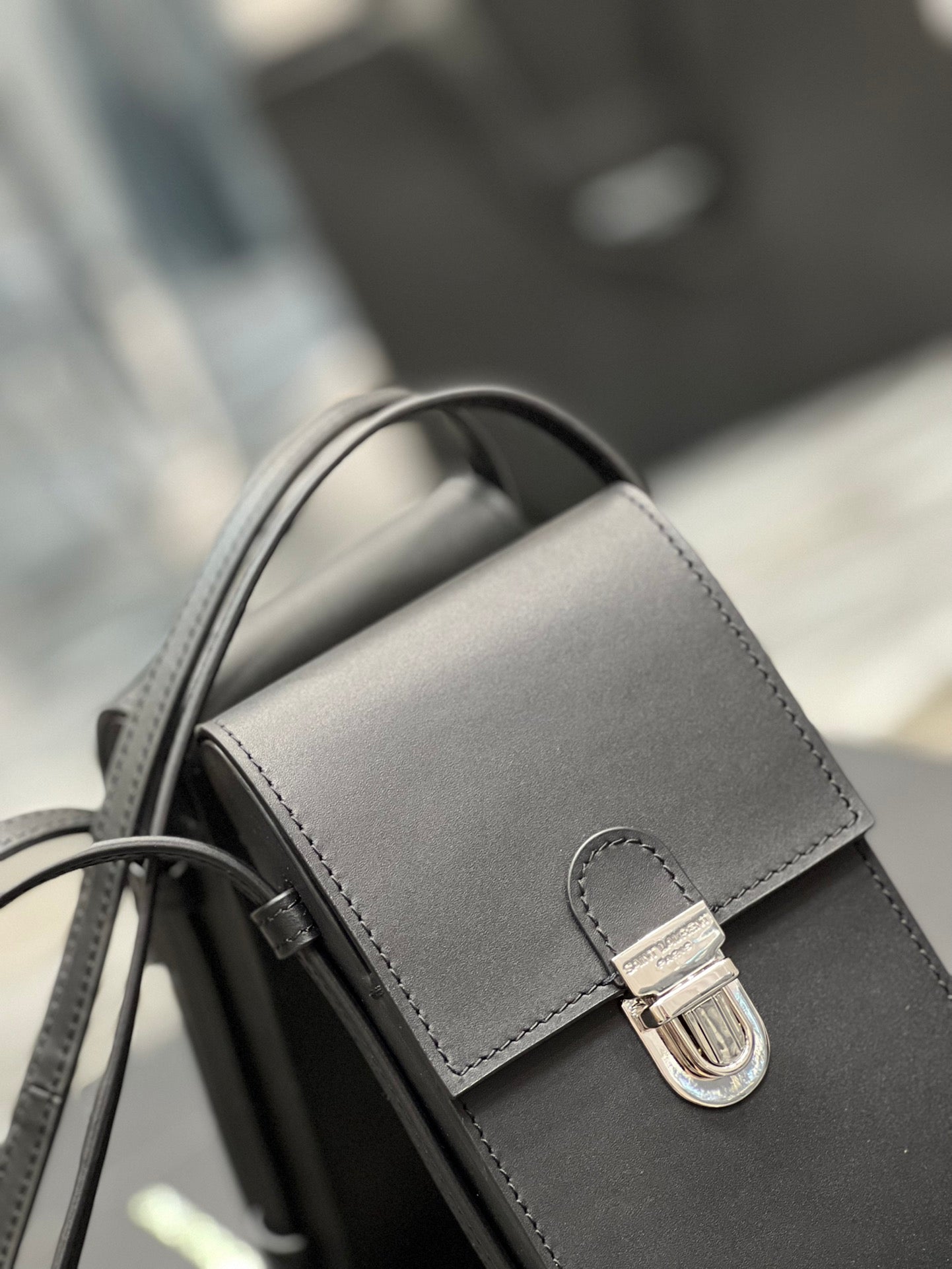 Saint Laurent Black Leather Phone Pouch Crossbody Bag with Silver Clasp