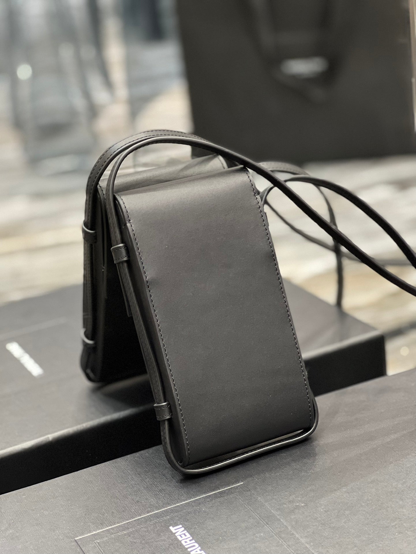 Saint Laurent Black Leather Phone Pouch Crossbody Bag with Silver Clasp