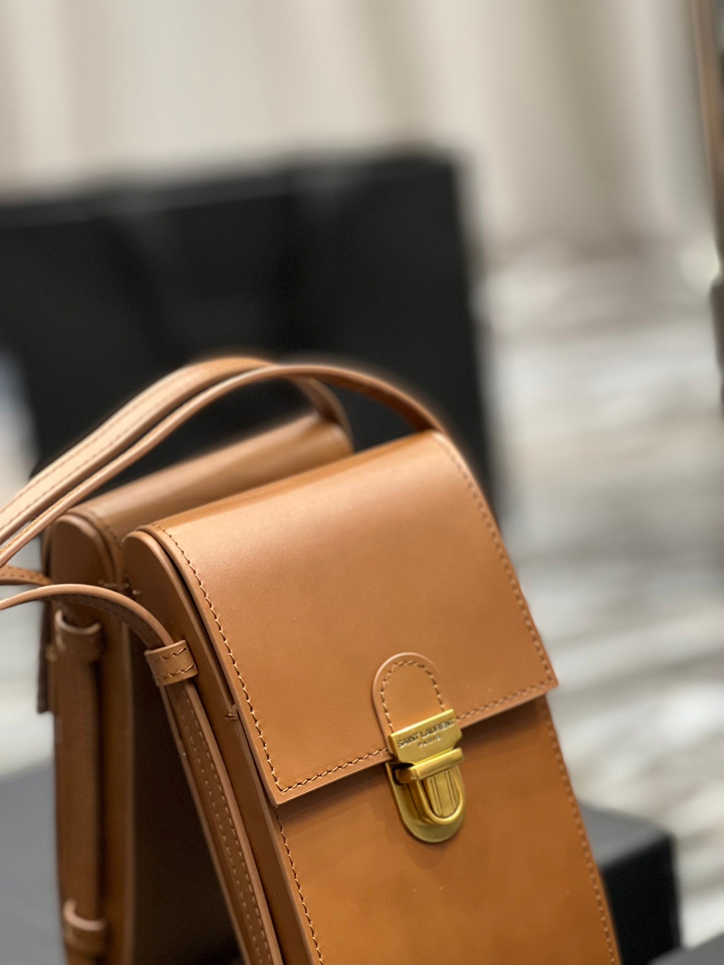 Small Tan Leather Crossbody Phone Bag with Gold-Tone Clasp