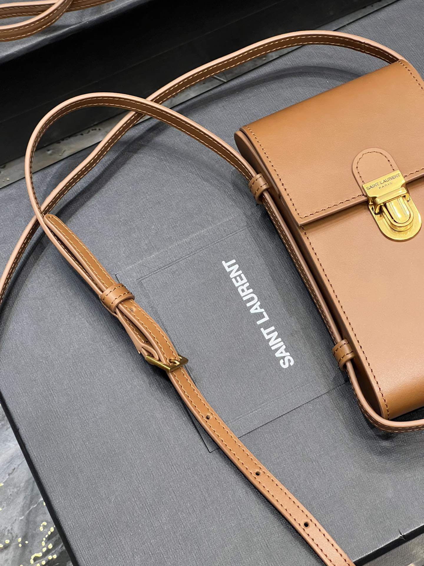 Small Tan Leather Crossbody Phone Bag with Gold-Tone Clasp