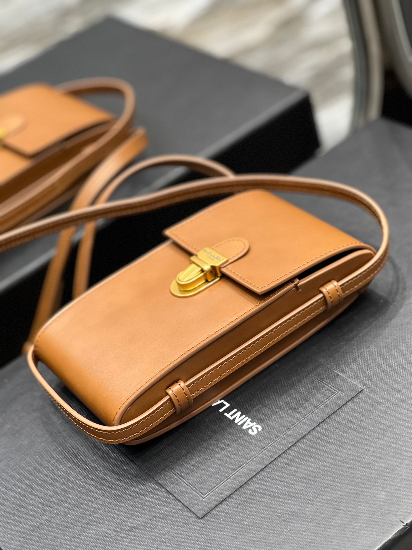 Small Tan Leather Crossbody Phone Bag with Gold-Tone Clasp