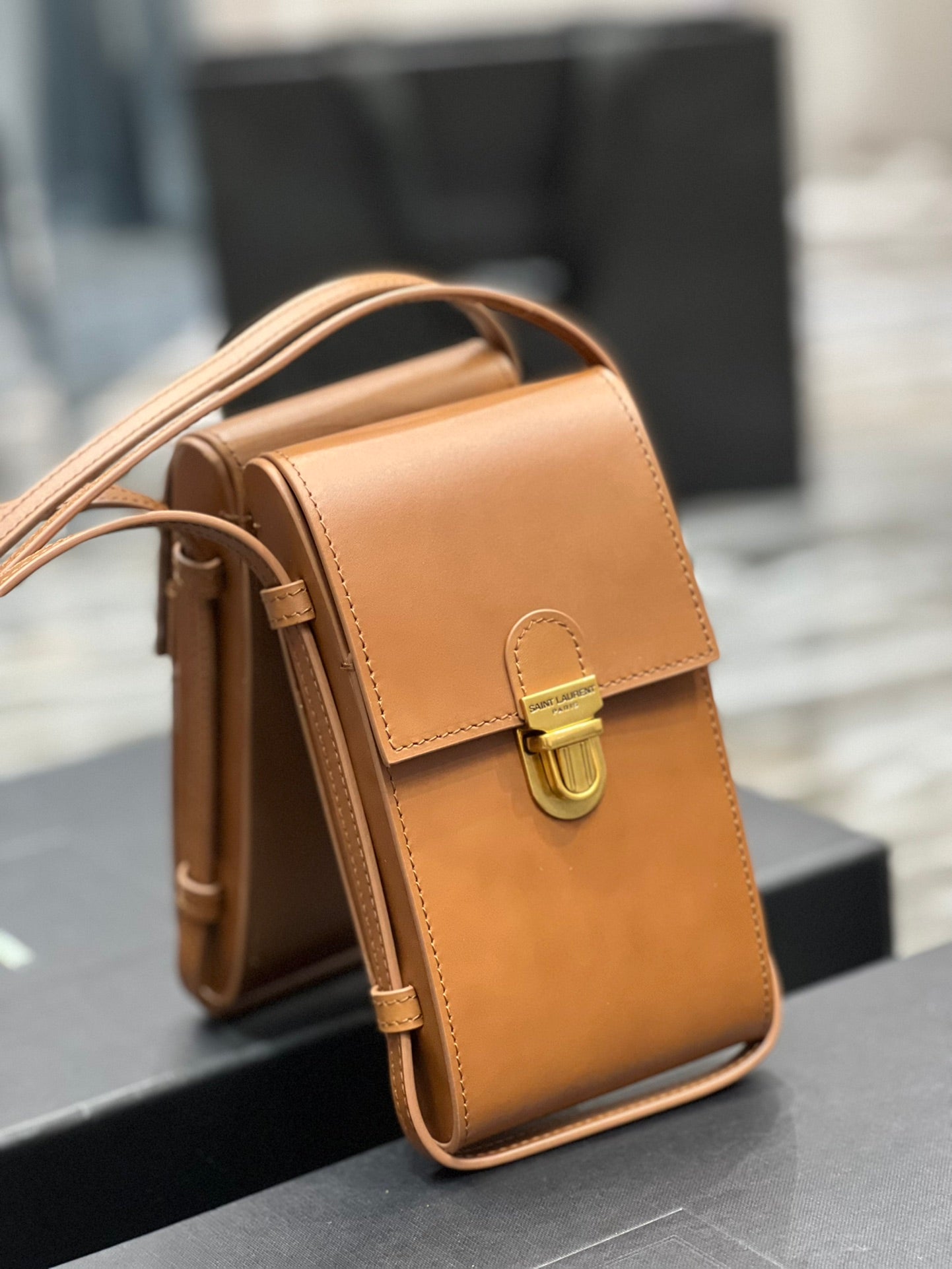 Small Tan Leather Crossbody Phone Bag with Gold-Tone Clasp