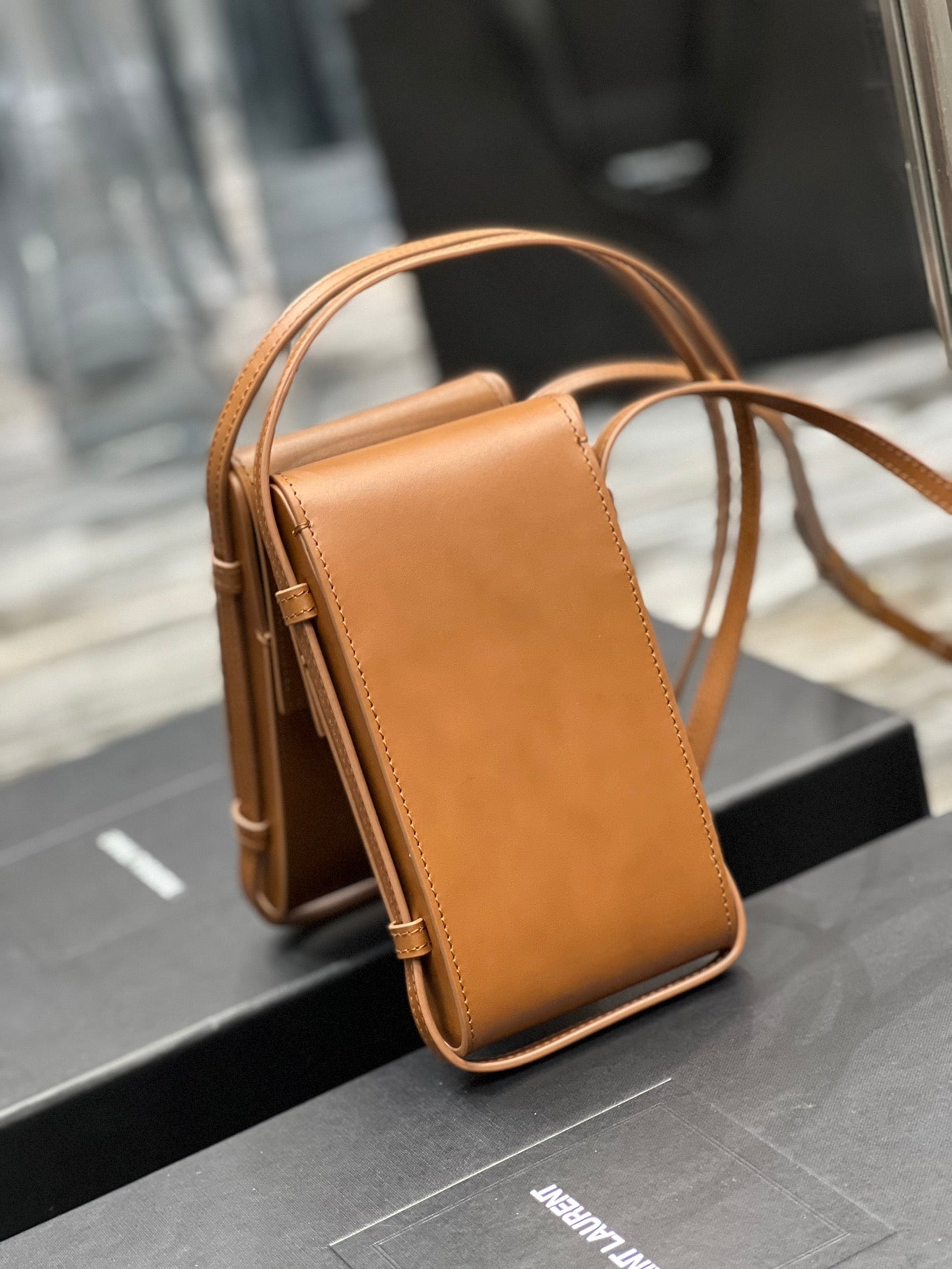 Small Tan Leather Crossbody Phone Bag with Gold-Tone Clasp