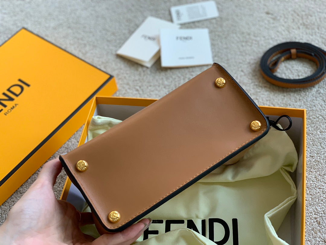 Fendi Way Small Tan Leather Handbag with Gold-Tone FF Logo