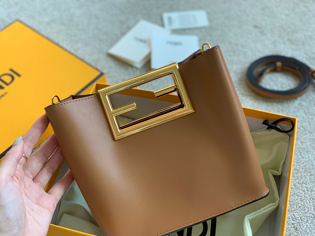 Fendi Way Small Tan Leather Handbag with Gold-Tone FF Logo