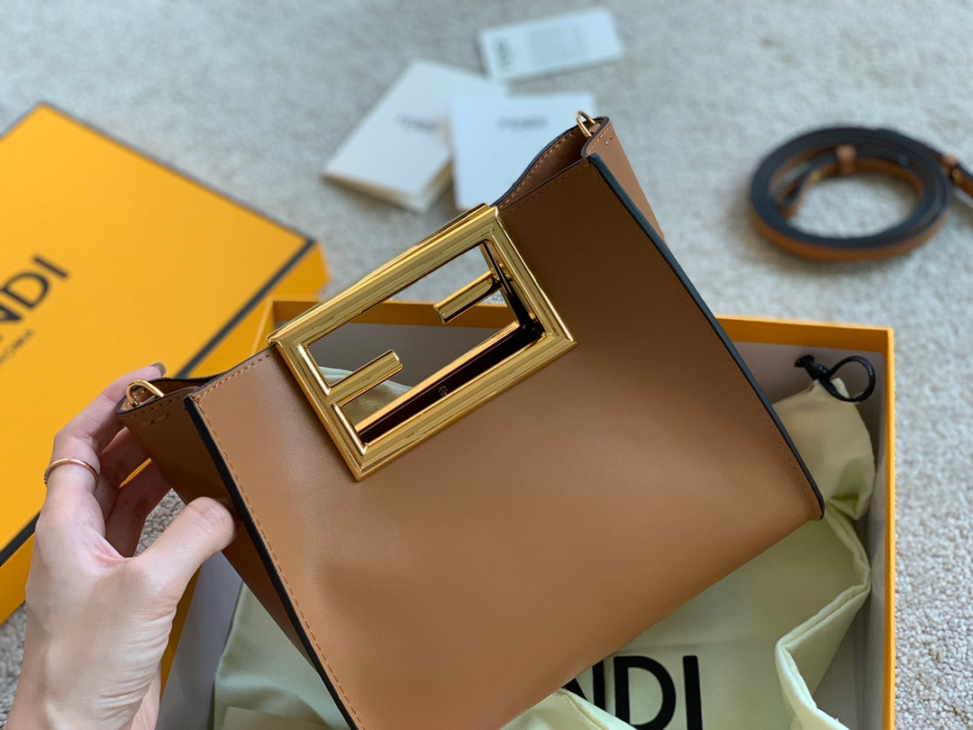 Fendi Way Small Tan Leather Handbag with Gold-Tone FF Logo