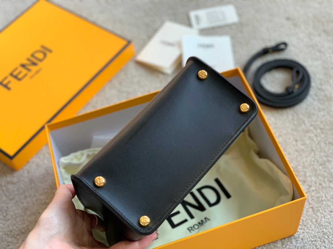 Fendi First Small Black Leather Clutch Bag with Gold-Finish Metal Handle