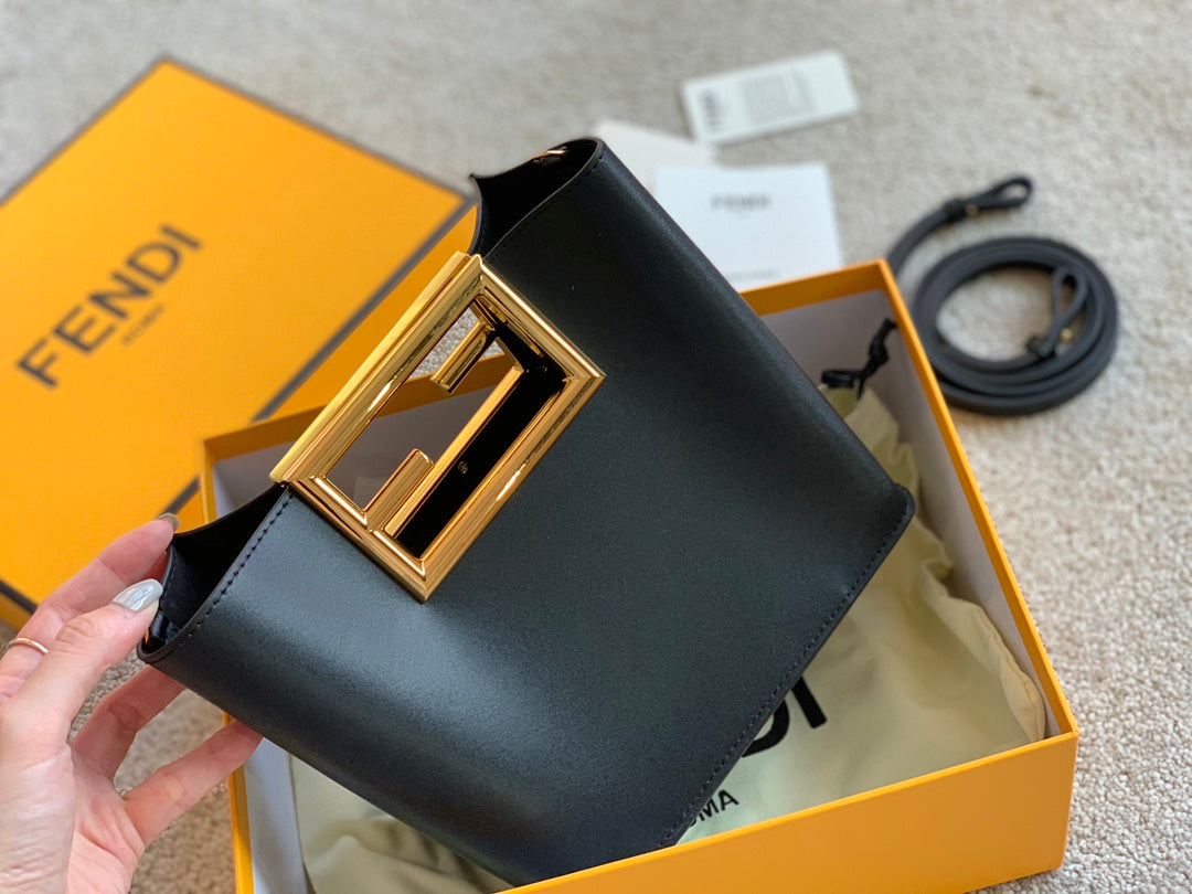Fendi First Small Black Leather Clutch Bag with Gold-Finish Metal Handle