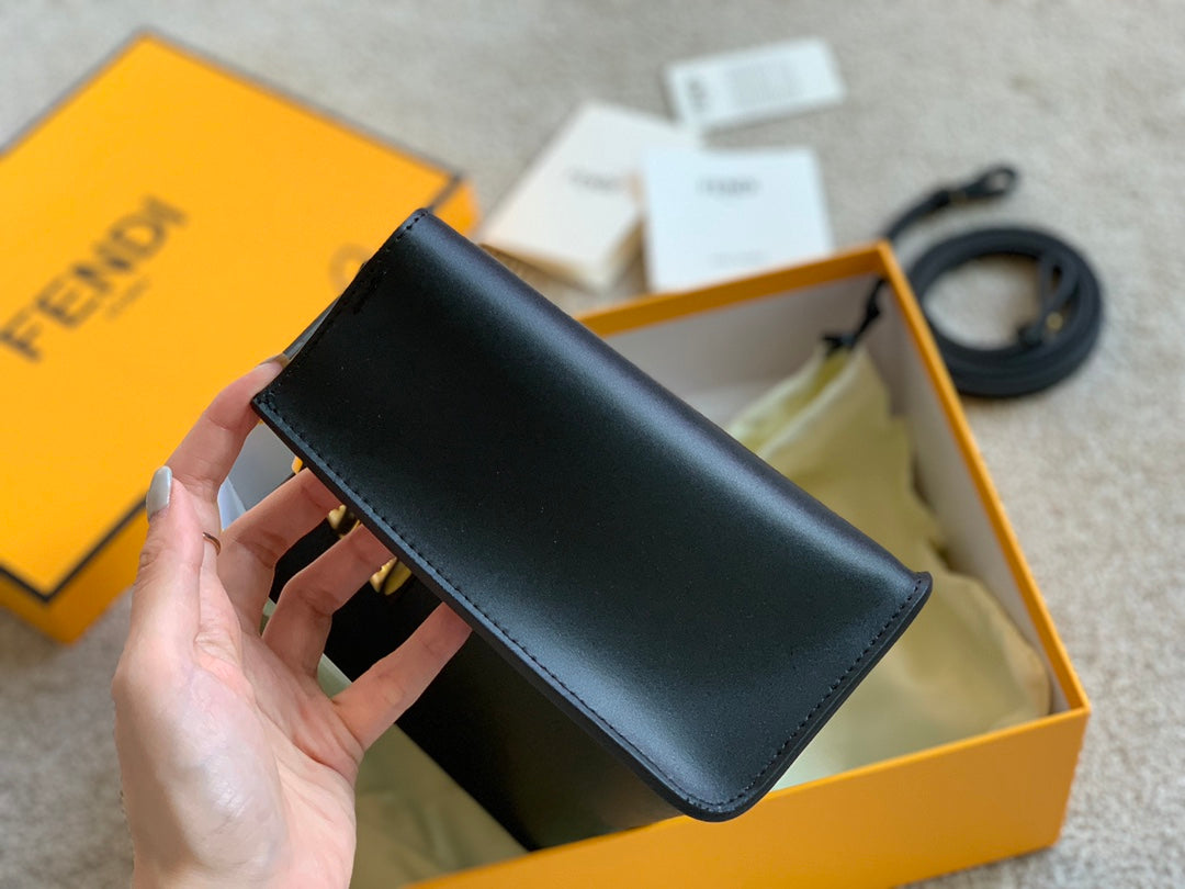 Fendi First Small Black Leather Clutch Bag with Gold-Finish Metal Handle