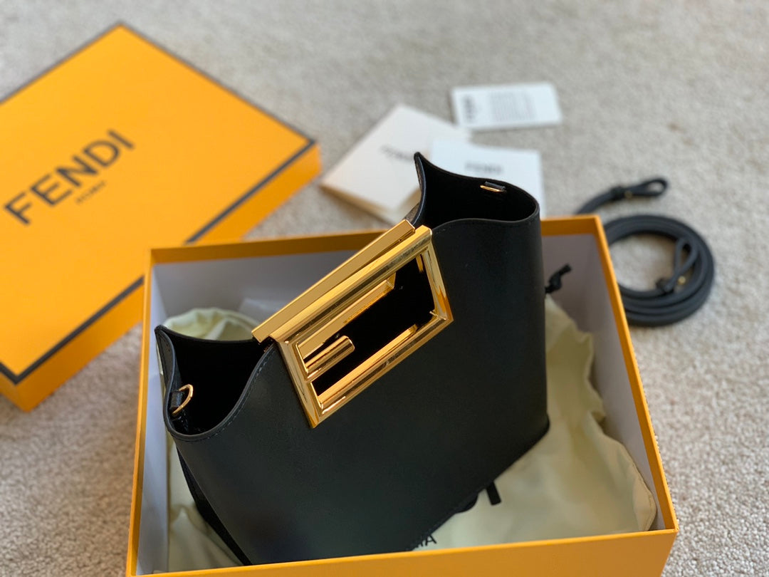 Fendi First Small Black Leather Clutch Bag with Gold-Finish Metal Handle