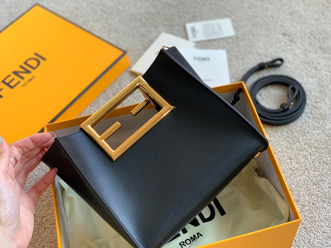 Fendi First Small Black Leather Clutch Bag with Gold-Finish Metal Handle