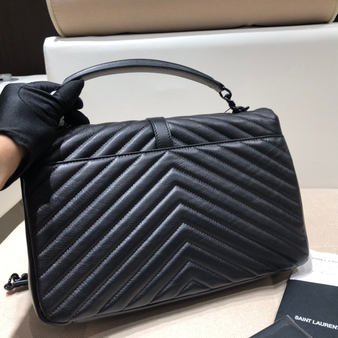 Saint Laurent Monogram College Large Shoulder Bag in Quilted Leather - Black on Black