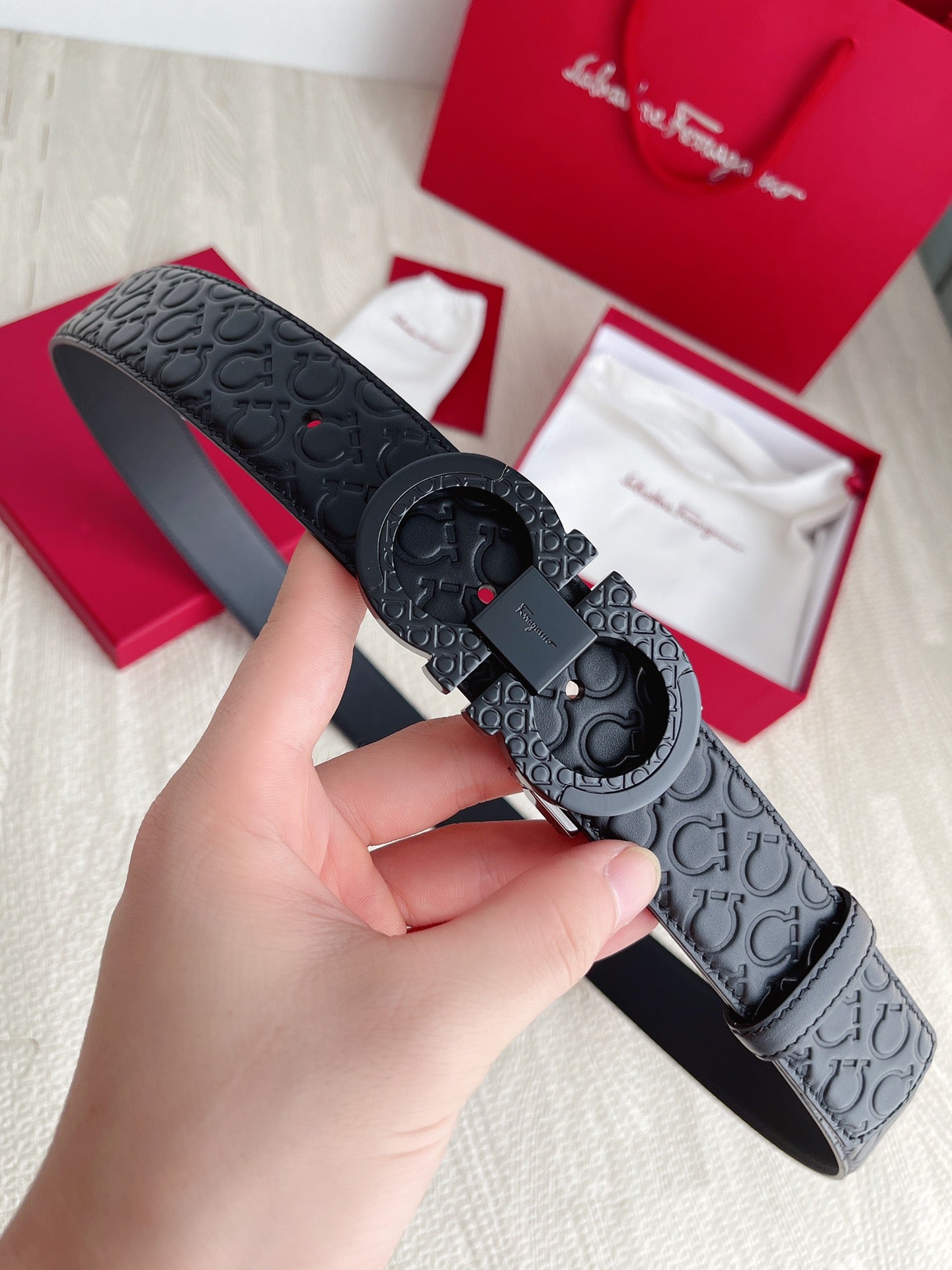 Salvatore Ferragamo Men's Gancini Monogram Embossed Leather Belt with Matte Black Double Gancini Buckle - Black
