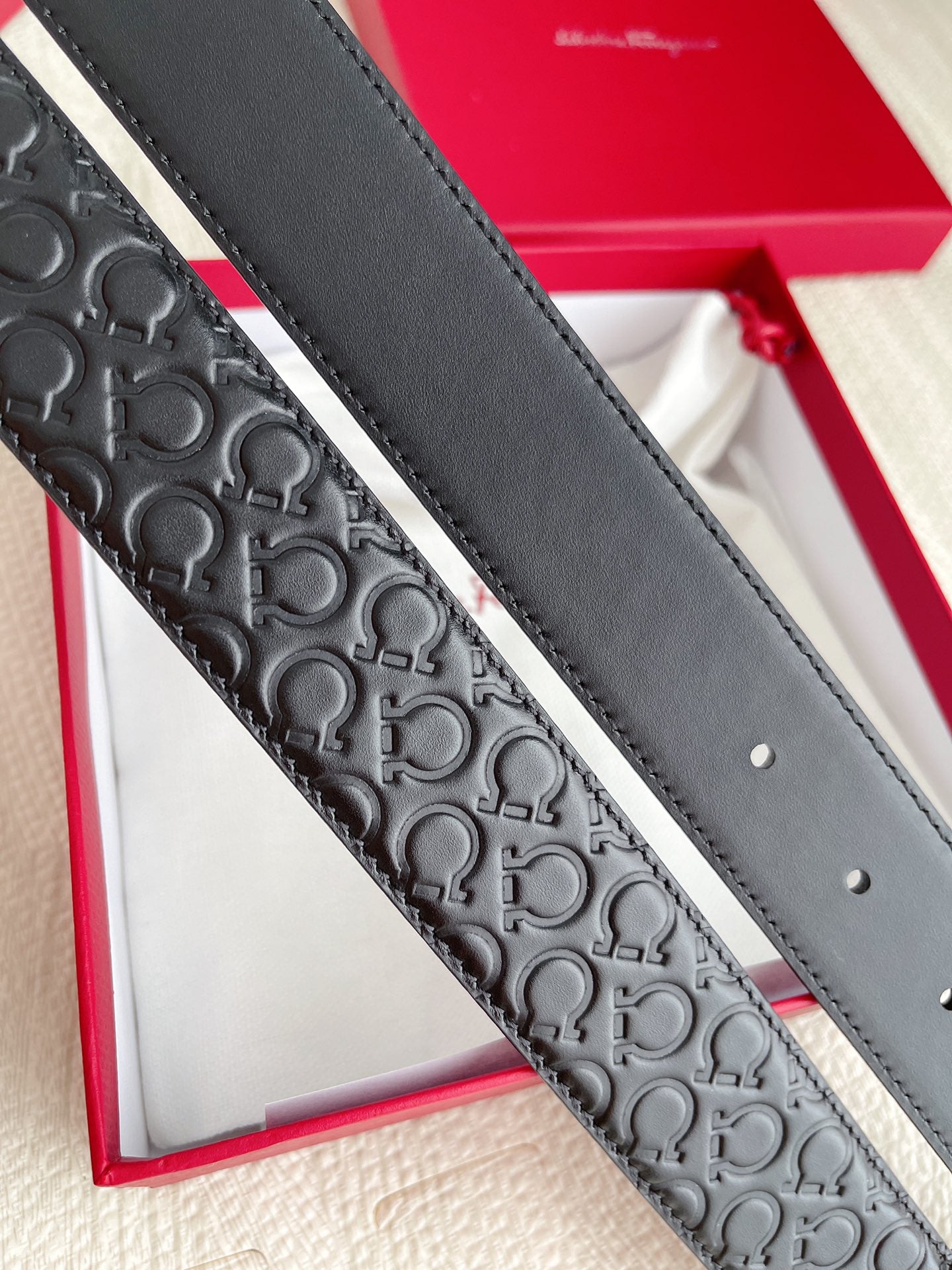 Salvatore Ferragamo Men's Gancini Monogram Embossed Leather Belt with Matte Black Double Gancini Buckle - Black