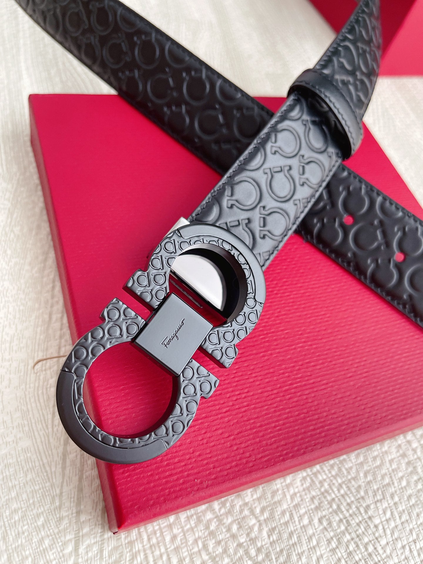 Salvatore Ferragamo Men's Gancini Monogram Embossed Leather Belt with Matte Black Double Gancini Buckle - Black