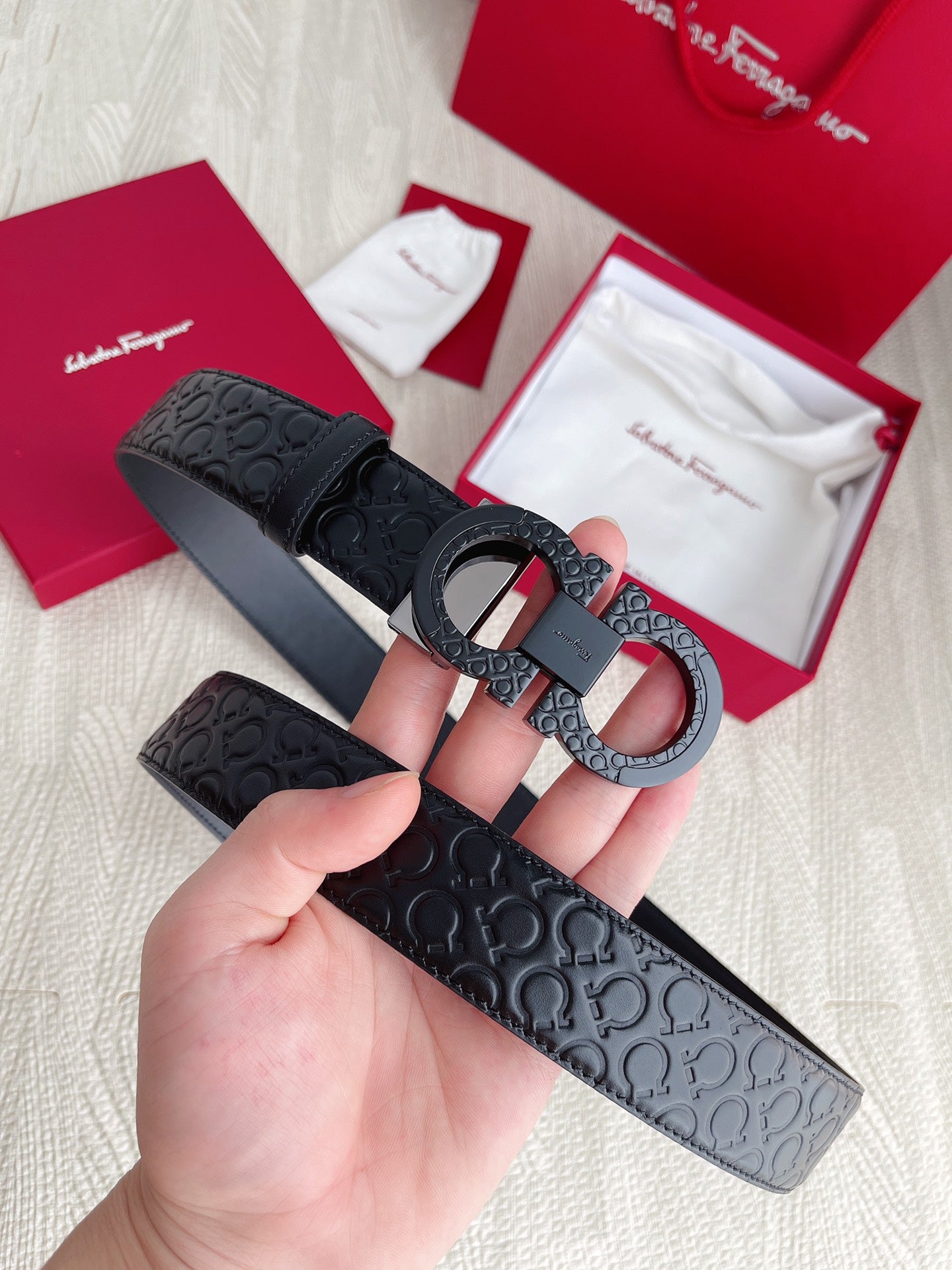Salvatore Ferragamo Men's Gancini Monogram Embossed Leather Belt with Matte Black Double Gancini Buckle - Black
