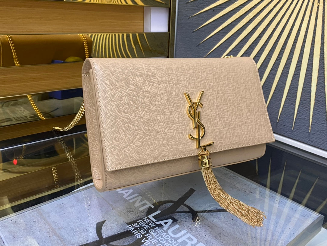 Saint Laurent Kate Small Tassel Shoulder Bag - Beige Leather with Gold-Tone Hardware