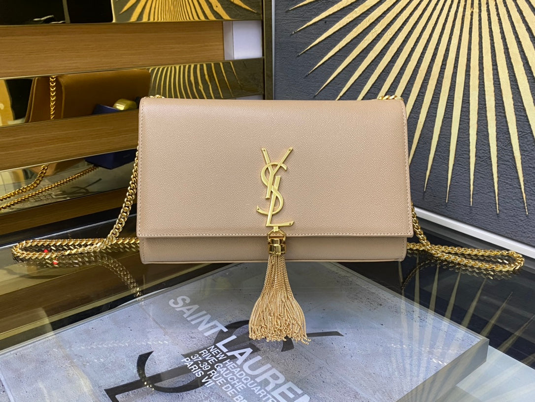 Saint Laurent Kate Small Tassel Shoulder Bag - Beige Leather with Gold-Tone Hardware