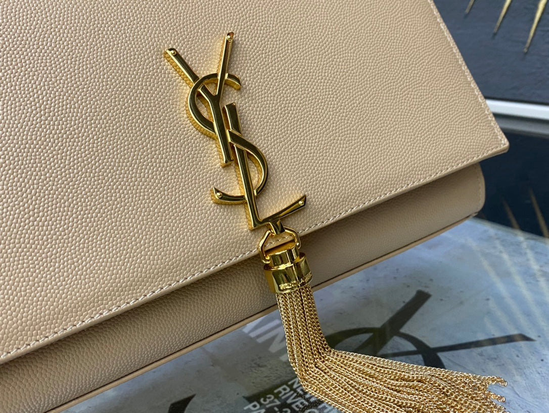 Saint Laurent Kate Small Tassel Shoulder Bag - Beige Leather with Gold-Tone Hardware