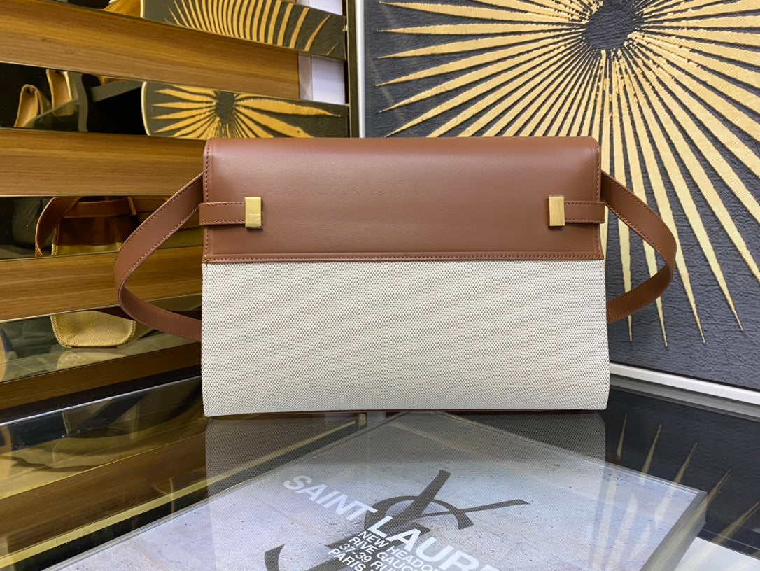 Saint Laurent Manhattan Small Shoulder Bag in Leather and Canvas - Tan/Cream