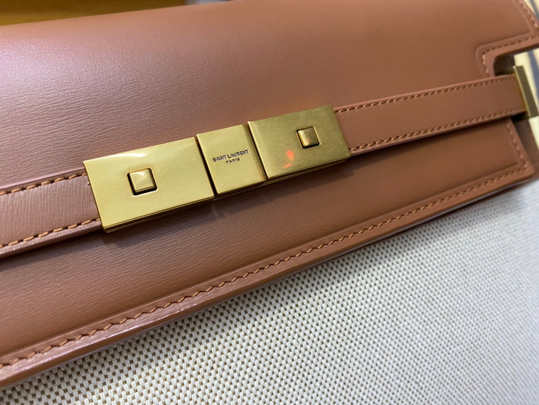 Saint Laurent Manhattan Small Shoulder Bag in Leather and Canvas - Tan/Cream