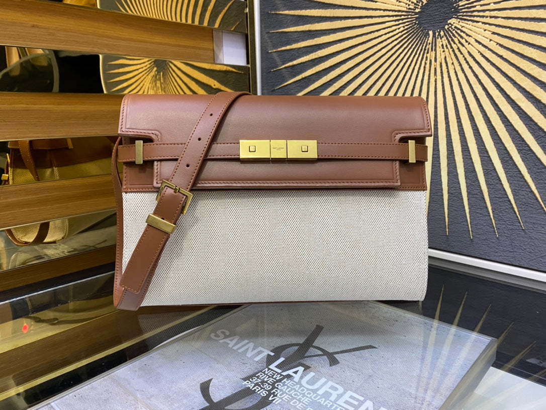Saint Laurent Manhattan Small Shoulder Bag in Leather and Canvas - Tan/Cream