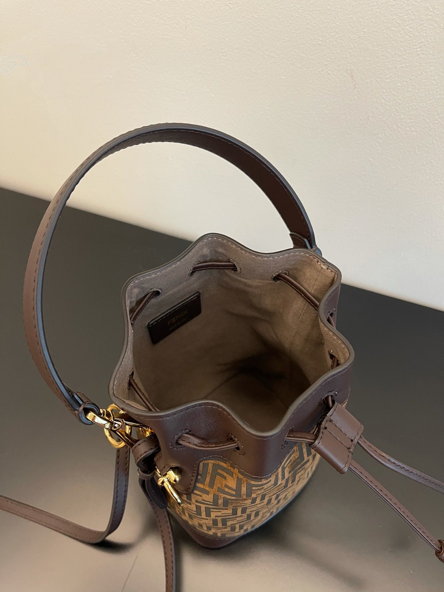 Fendi Mon Tresor Mini FF Motif Canvas Bucket Bag - Brown